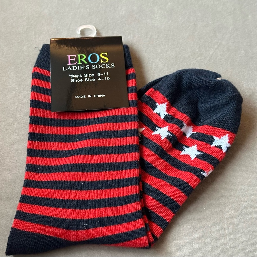 Women’s Crew Socks Eros Red Navy Stripes White Stars Fits Shoe 4-10 Brand New